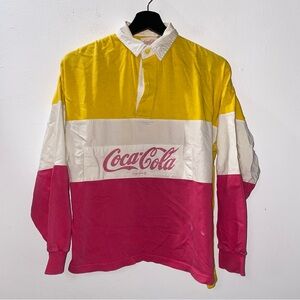 Vintage Coca-Cola Rugby Shirt Size Small Pink Yellow Colorblock Spellout 80s